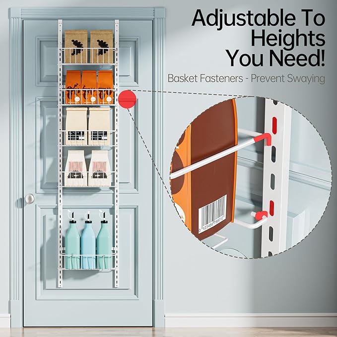 Delamu Pantry Door Organizer, Adjustable Metal Over the Door Pantry Organizer Rack, 6-Tier Over the Door Spice Rack, Kitchen Pantry Door Organizers and Storage, D5 W12 H52.1 inch, White, Small
