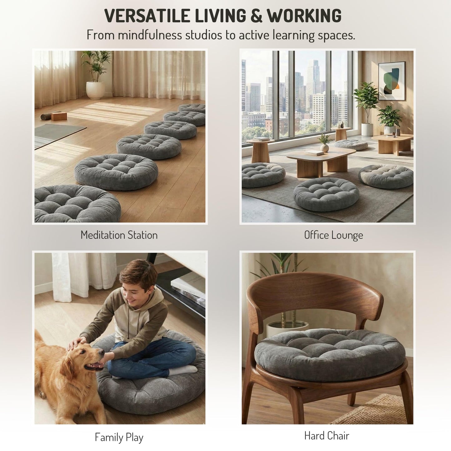 Degrees of Comfort Meditation Floor Pillow, Round Large Pillows Seating for Adults, Tufted Corduroy Cushion for Tatami Living Room, Grey, 22 Inch