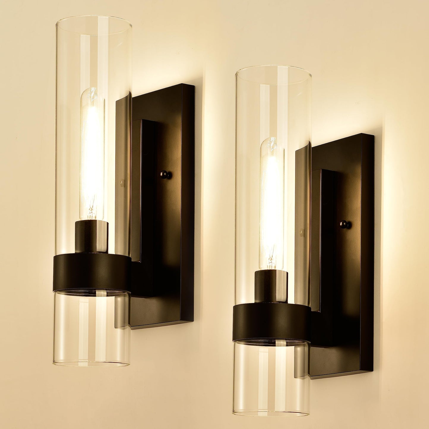 Hyperion house Indoor Wall Sconces Set of Two, Modern Black Bathroom Sconces Wall Decor with Cylinder Glass, Wall Lamps for Bedroom Hallway Vanity Kitchen Lighting Fixtures Set of 2