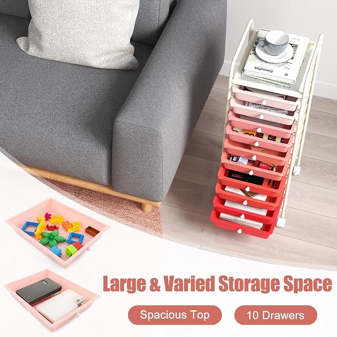 MEDIMALL 10 Drawers Rolling Storage Cart, Multipurpose Craft Storage Cart with Wheels, Mobile Tools Scrapbook Paper Organizer Cart for Office School Home Use