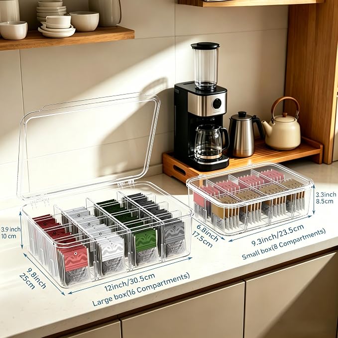 Tea Bag Organizer, 2 Pcs Clear Tea Organizers, Acrylic Storage Box with Lids, Stackable Partition Holder for Drawers, Countertops, Fridge, Kitchen (16 Compartments + 8 Compartments)