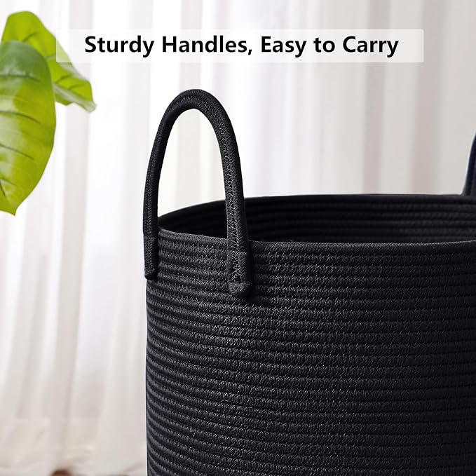 80L Extra Large Black Laundry Hamper Tall Woven Rope Laundry Basket for Clothes Modern Blanket Storage Basket in Living Room Bedroom 16"L x 16"W x 22"H