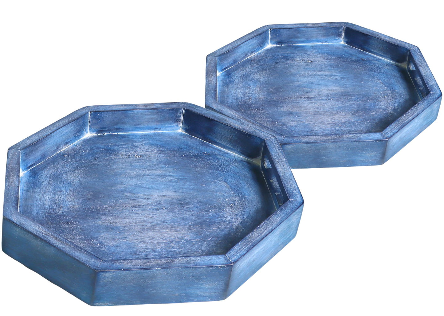 Ottoman Wooden Serving Tray Set of 2 - Decorative Handmade Vanity Platter for Kitchen, Bathroom, Countertop Organizer, Fruit Bowl, Rustic Wooden Trays for Home Décor (Blue) - ALPHA Living HOME