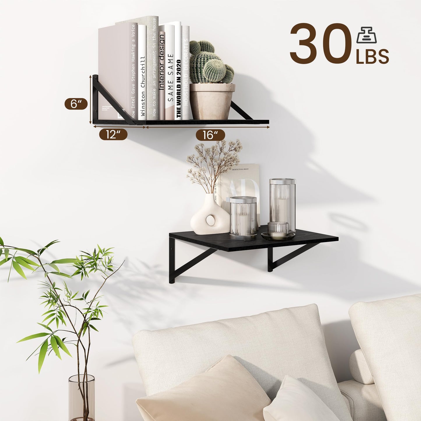Fun Memories Floating Shelves for Wall, 12 Inch Deep Floating Shelves Set of 2, 16W x 12D Large Wall Shelf with Sturdy Metal Brackets for Living Room, Bathroom, Bedroom and Kitchen, Black