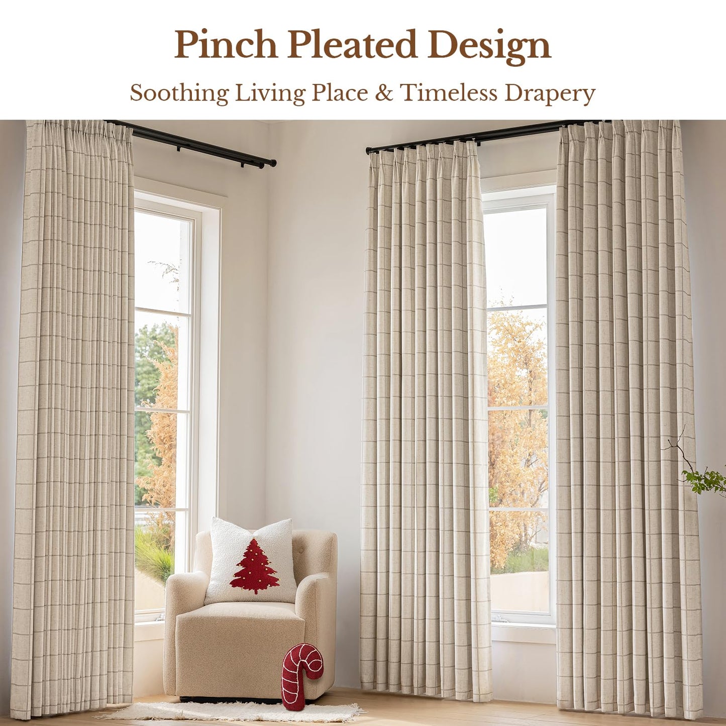 THREE GIRLS Pinch Pleated Plaid Curtains Blackout Linen Gingham Curtains for Living Room,Bedroom Checkered Patterned Insulated 84 Inches Long Double Layer 2 Panels Set Printed Design Darkening