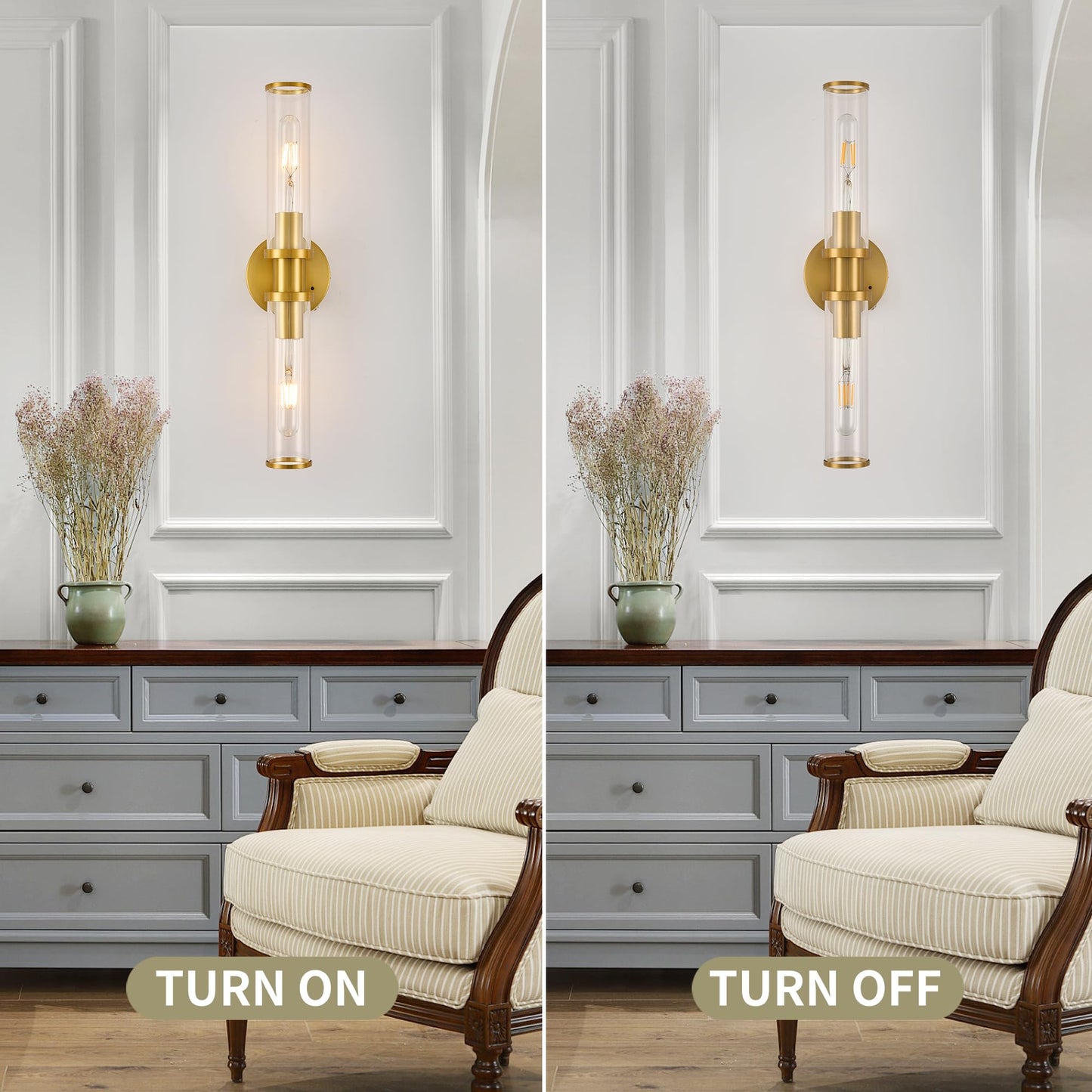 8000mAh Wireless Wall Sconces with Remote Control, Battery Operated Wall Sconce Set of 2 with Timer, Gold Rechargeable Dimmable Wall Lights for Living Room Bedroom Hallway Entryway 3000K, 20.5 Inch