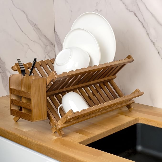 happimess DSH2000B Arlen Farmhouse Bamboo Foldable 2-Tier Dish Drying Rack with Detachable Utensil Holder, Brown