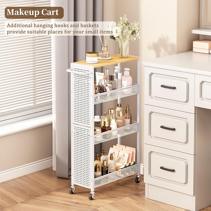 Utility Slim Storage Cart 4 Tier Small Rolling Kitchen Laundry Room Organization Cart with Wood Top Metal Narrow Laundry Room Shelves Cabinet Unit Laundry Organizer Trolley with Handle for Small space