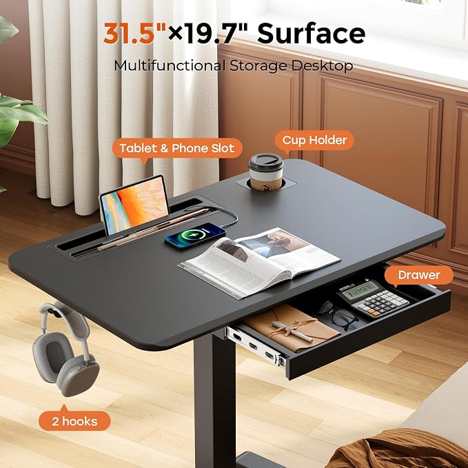 Mobile Standing Desk with Drawer, 32" Rolling Desk with Cup Holder and Hooks, Portable Laptop Cart on Wheels, Height Adjustable Workstation with Storage for Home Office, Black