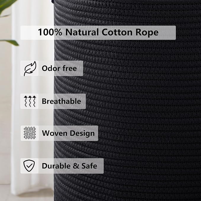 80L Extra Large Black Laundry Hamper Tall Woven Rope Laundry Basket for Clothes Modern Blanket Storage Basket in Living Room Bedroom 16"L x 16"W x 22"H
