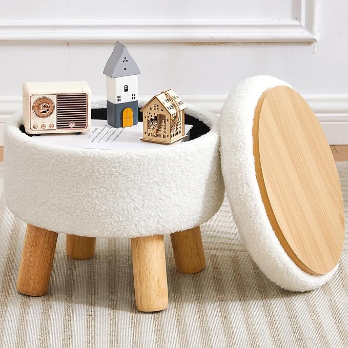 Small Ottoman with Storage, Small Storage Ottoman Round, Sherpa Foot Stool with Legs, Ottomans and Footstools for Living Room and Entryway (White)