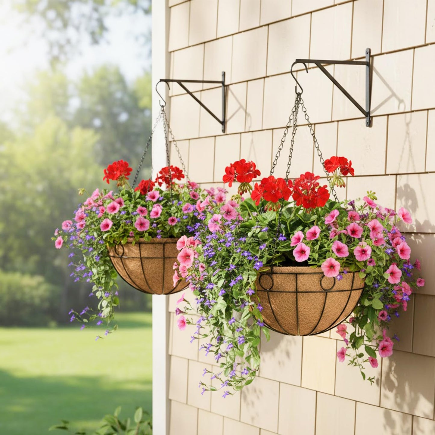 EIMQUVW Outdoor Hanging Planter(4-Pack) Black Metal Hanging Baskets with Coconut Fiber Lining 14 inch Round Chain Flower Pots for Patio Garden Greenery Decoration