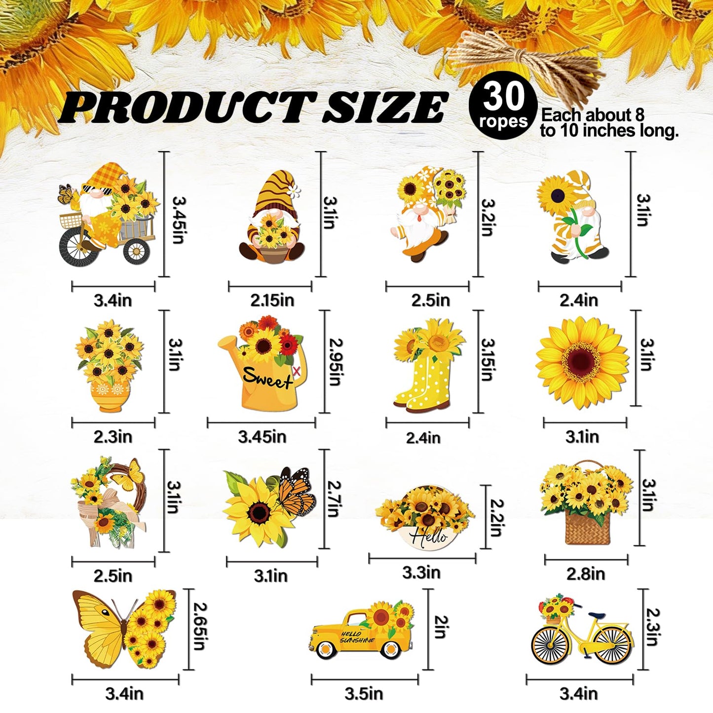 AFWHGM Sunflower Summer Wooden Ornaments Set - 30 Pcs Sunflower Tree Ornaments Garden Gnome & Flower Decor for Tree, Spring to Summer Home and Party Decorations