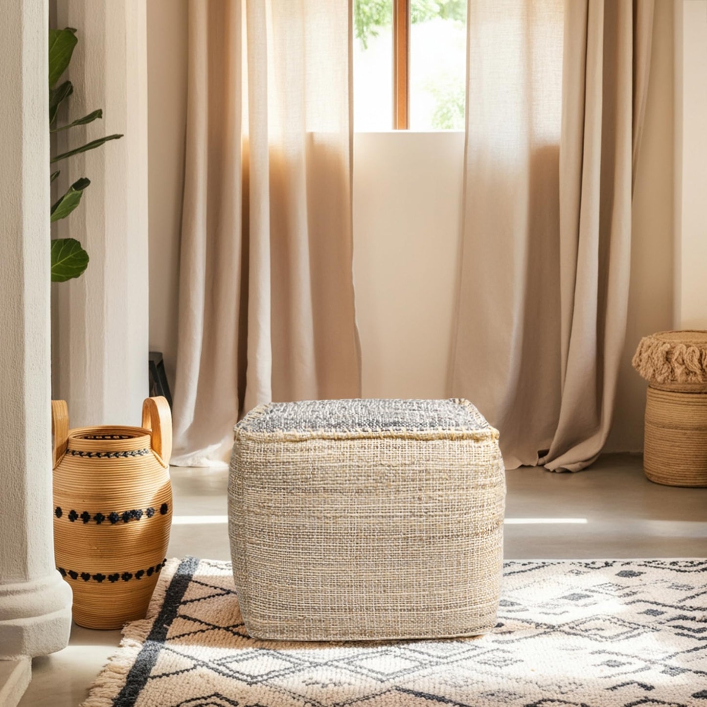 Ash Grey Jute Pouf Ottoman 18x18x14 Inch Handmade Braided Natural Jute & Cotton Floor Pouf, Boho Footstool for Living Room, Bedroom, Extra Seating & Décor