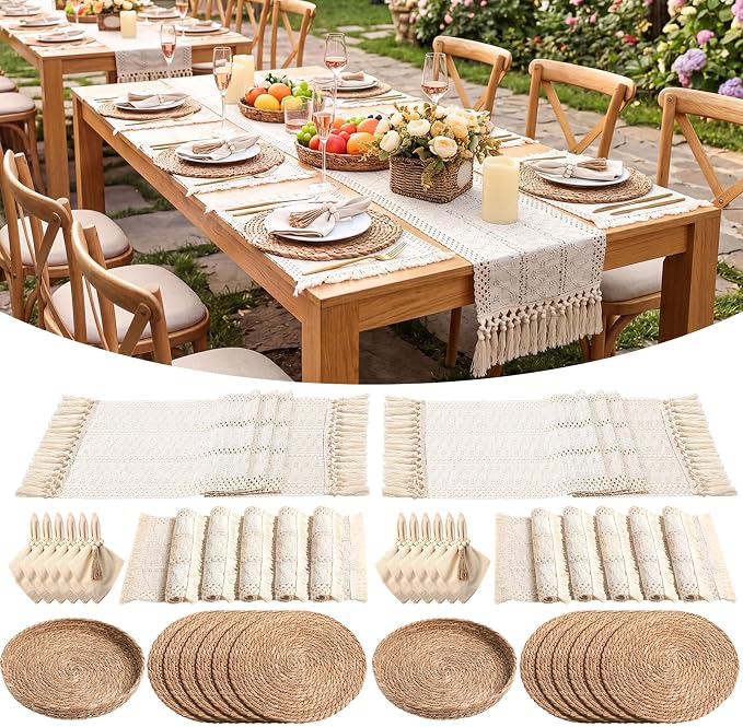 12 Sets Boho Decoration Placemats Round Woven Placemats, Cloth Napkins, Wood Bead Napkin Rings, Long Table Runner and Farmhouse Burlap Cotton for Table Kitchen (White,12x72)