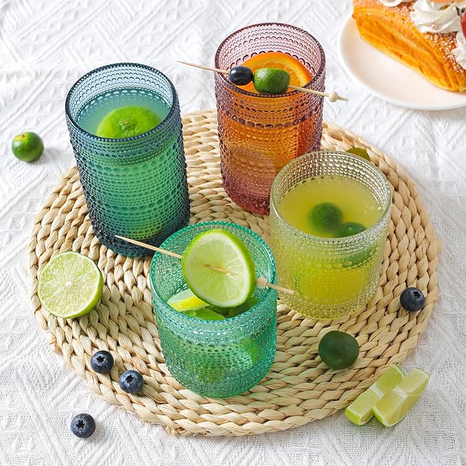 Moretoes Colored Hobnail Drinking Glasses Set of 12,Vintage Water Glass Cups Mixed Glassware, 6pcs 12oz Highballs and 6pcs 10oz Old Fashioned Glasses, Great for Cocktail, Whisky and Other Beverages