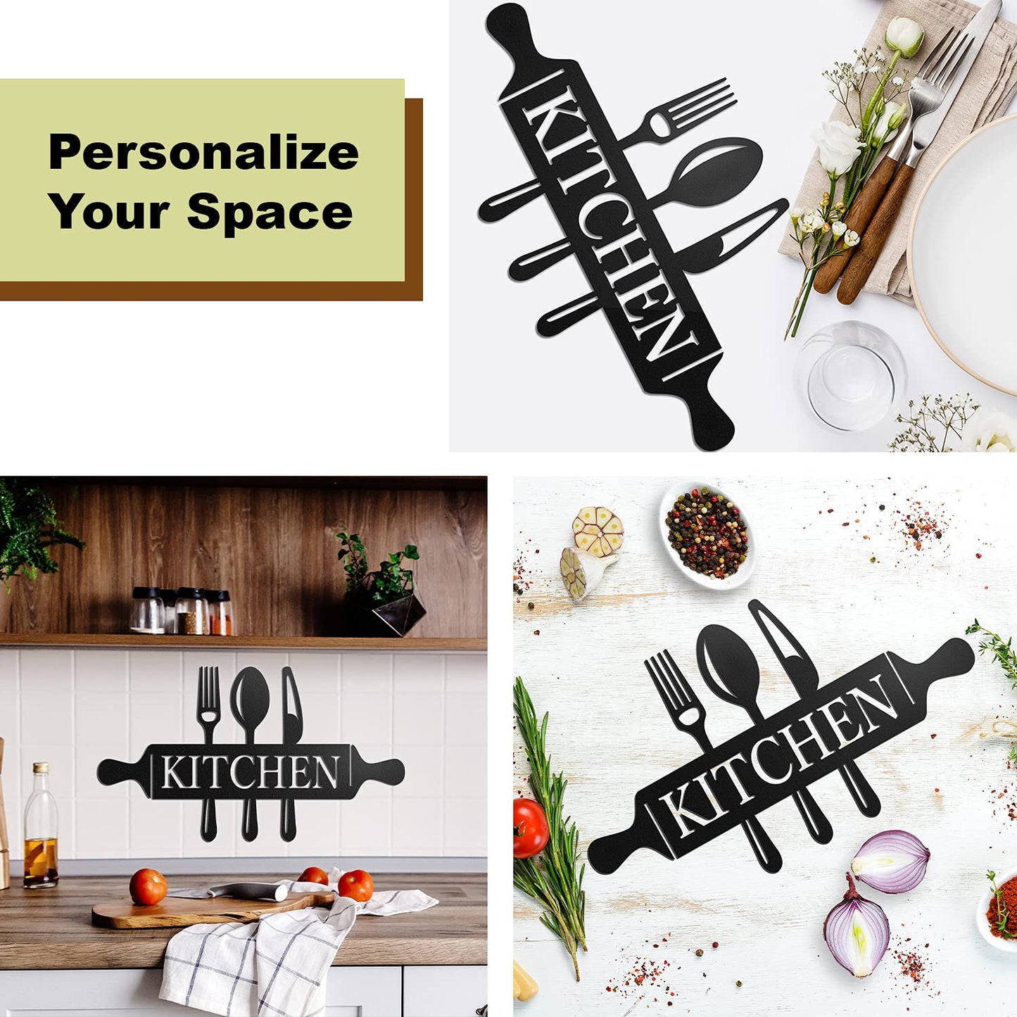 Vivegate Metal Utensil Wall Decor - Modern Black Country Sign for Kitchen and Dining Room
