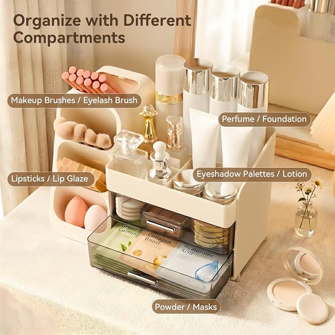 Brothersbox Makeup Organizer with Brush Holder for Vanity, Large Countertop Skincare Storage with 2 Drawers, Holds Lipsticks, Nail Polishes, Perfumes, Brushes - Gift for Women, Cream