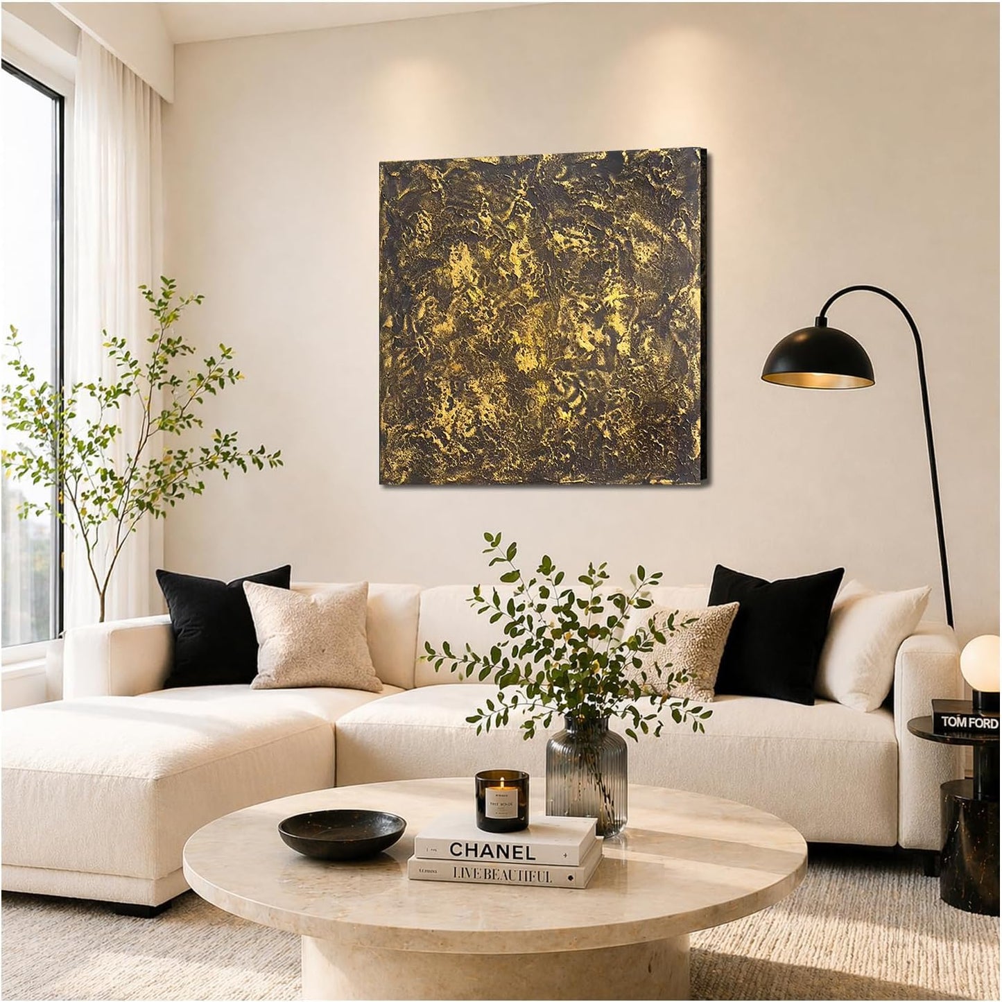 Rinsiken Hand Painted Black and Gold Abstract Wall Art 24x24 Inch Cotton Canvas Painting Ready to Hang Modern Decor for Living Room Office