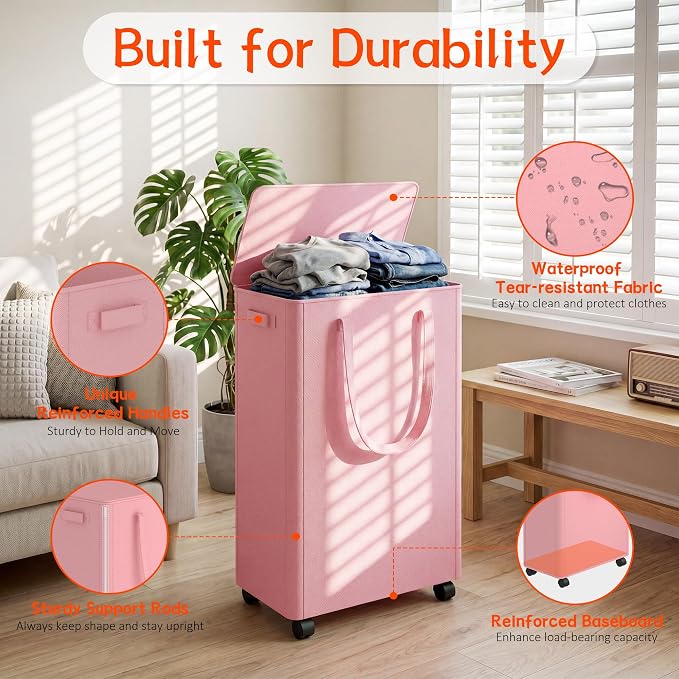 Slim Laundry Hamper with Wheels,15 Gal (55L) Rolling Laundry Basket with lid and wheels Clothes Hamper Foldable Tall Dirty Clothes Basket Sturdy Collapsible Clothes Hamper for Dorm,Laundry Room