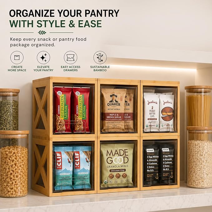 Stackable Bamboo Snack Drawer Organizer (2 Pack) – Pull-Out Storage Bins with Clear Acrylic Drawers – Pantry Storage for Snacks, Coffee Pods, Spices & K-Cups