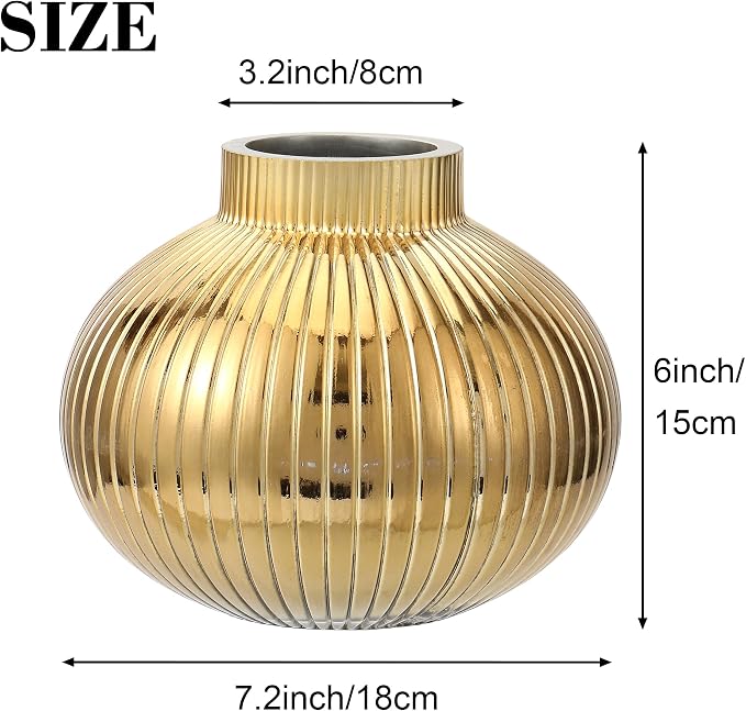 Gold Glass Vase, Flower Vases for Bouquet, Ribbed Glass Vases for Flowers, Small Gold Vase for Living Room, Office, Coffee Table, Shelf, Wedding, 6 Inches