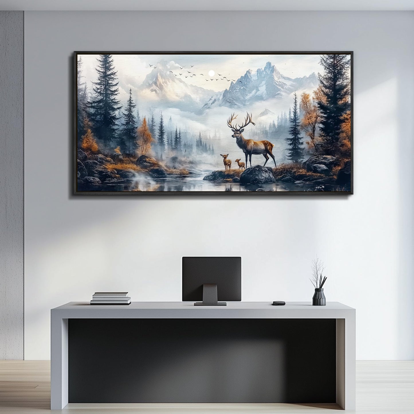 KELIYUAN Canvas Wall Art For Living Room Black Framed Wall Decor For Bedroom Office Prints Pictures Elk Foggy Mountain Landscape Painting Scenery Stretched and Framed Wall Art Home decor 20"X40"