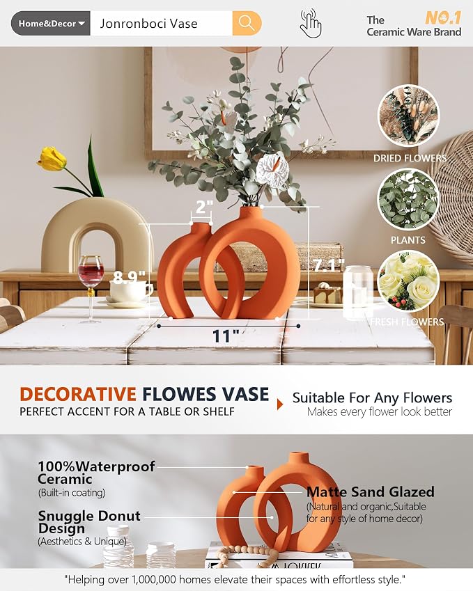 Set of 2 Orange Ceramic Vases for Home Decor Accents - Unique Hollow Donut Artistic Design Mid-Century Modern Eclectic Fall Style Decorative Vases for Shelf, Mantel, Entryway Table Decor(Matte Orange)