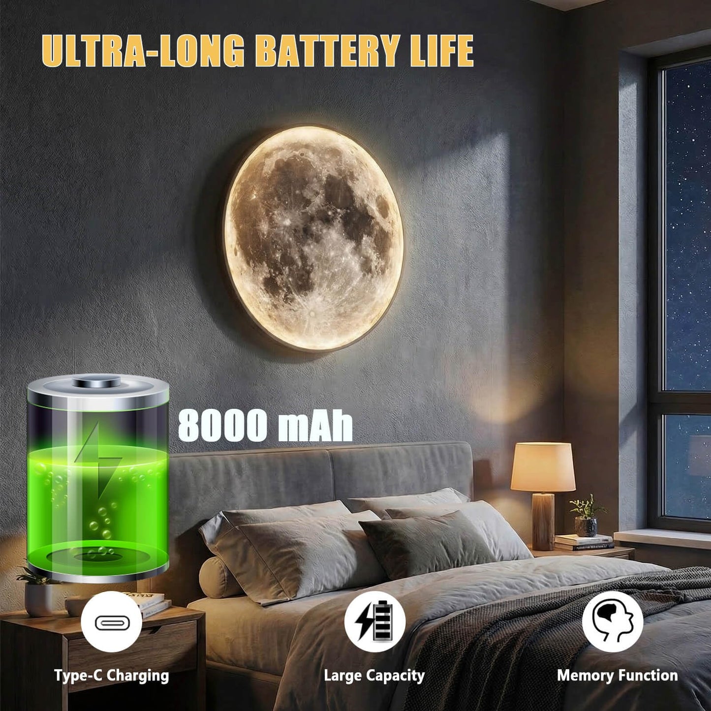 Dimmable Moon Wall Lamp, Rechargeable Battery Operated Wall Sconce Moon Lights with Remote, 3 Color Indoor Wall Mounted Lighting Ceiling Light for Living Bedroom Birthday Christmas Gift - 12 inch