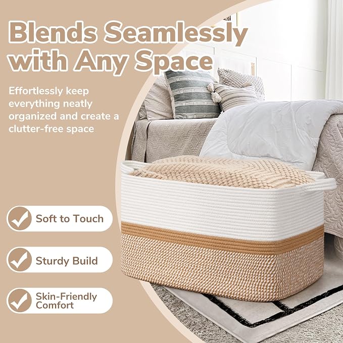 Goodpick Large Woven Blanket Basket 21.6" x 14.9" x 11.8" Storage Baskets for Organizing, Cotton Rope Basket for Home Decor Living Room Nursery, Toy Baskets Storage Kids, White & Camel Mix