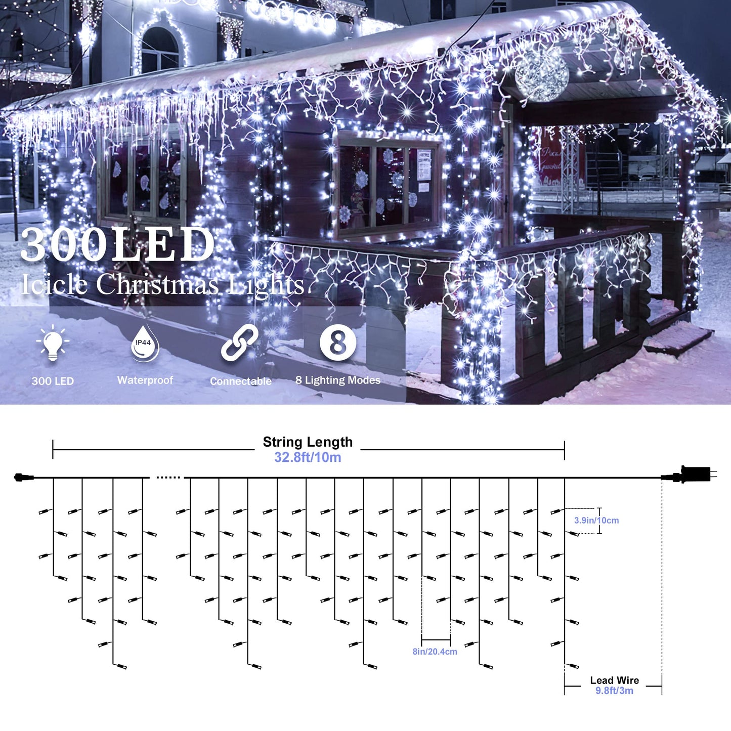 oopswow Icicle Lights Outdoor Decorations 300 LED 33ft 8 Modes Curtain Fairy String Light with 50 Drops, LED String Light Indoor for Wedding Party Holiday Christmas Decorations,White