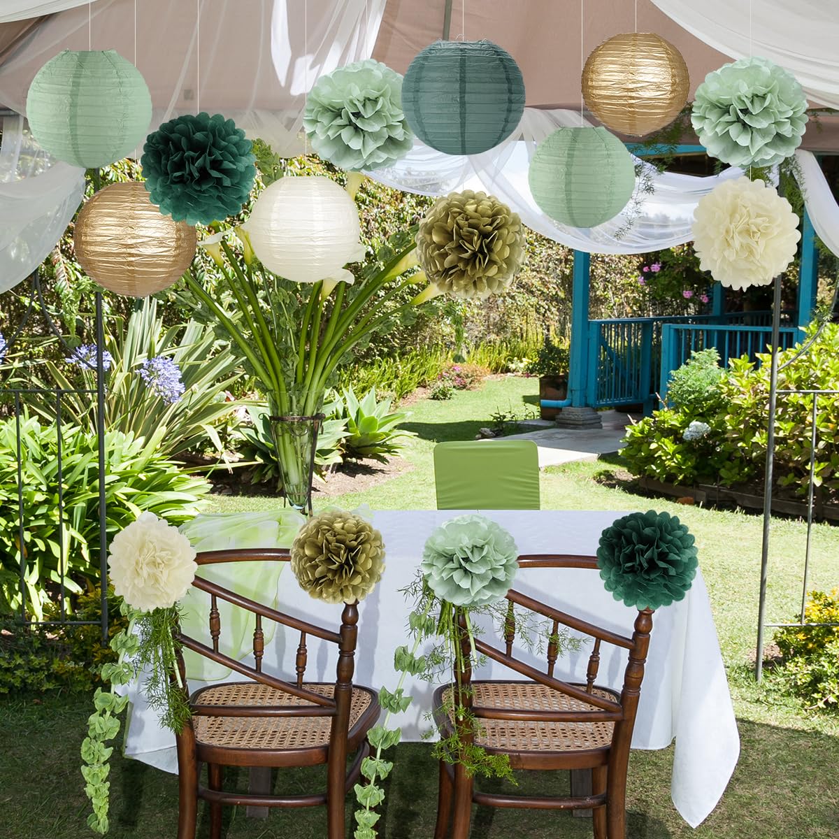 zilue Sage Green Party Decorations, Paper Lanterns and Pom Poms Flowers for Birthday Party Baby Shower Wedding Shower Decor Gold/Ivory/Sage Green 15pcs