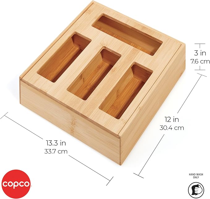 Copco Bamboo Storage Bag Organizer with Labels - 4-Compartment Kitchen Drawer or Wall Mount Holder for Gallon, Quart, Sandwich and Snack Bags, 13 x 12 x 3 Inches