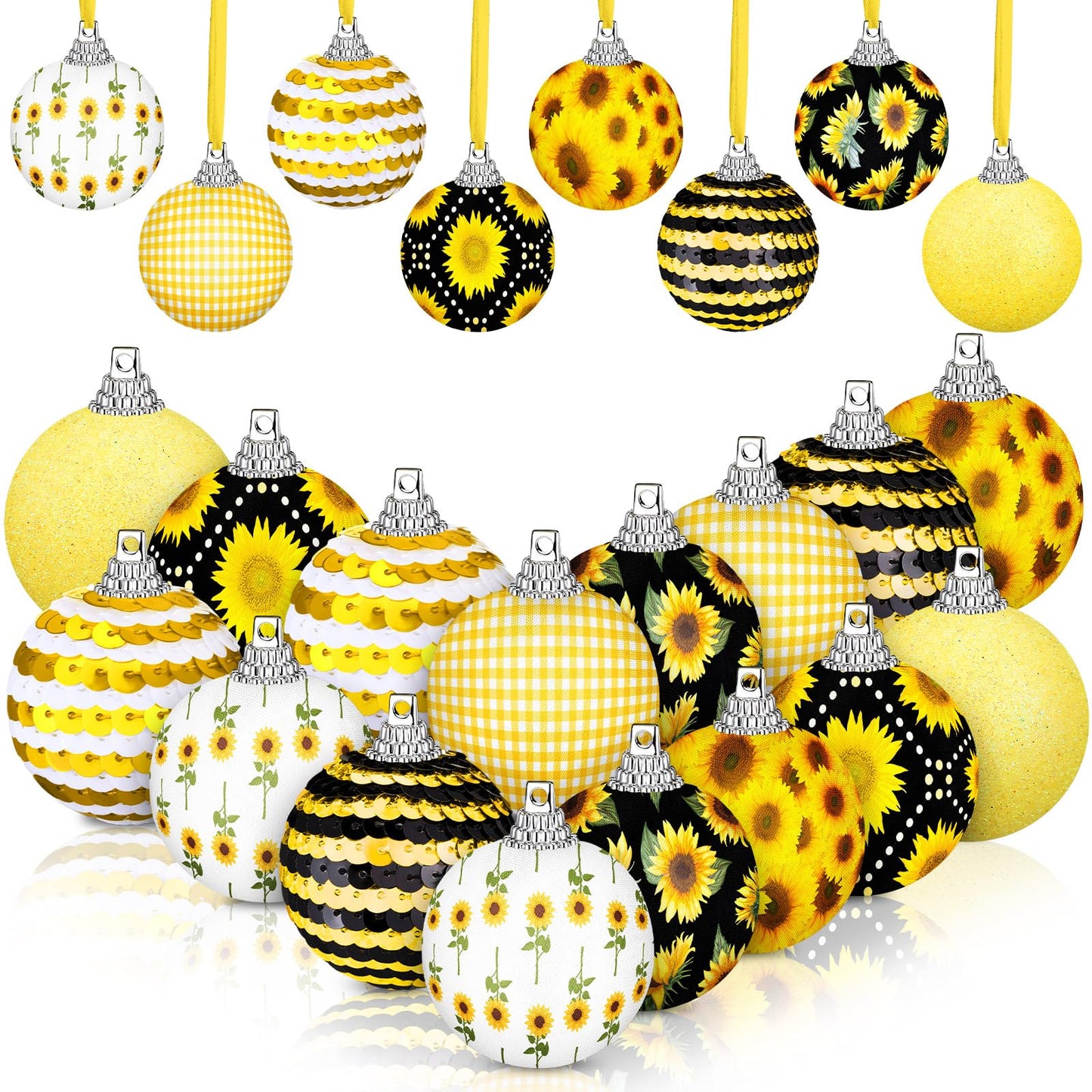 Zeyune 16 Pcs Sunflower Tree Ornaments Summer Decorations for Small Tree Yellow Sequin Ball Ornaments Sunflower Hanging Decorations with Ropes for Summer Holiday Party Supplies(Cute)