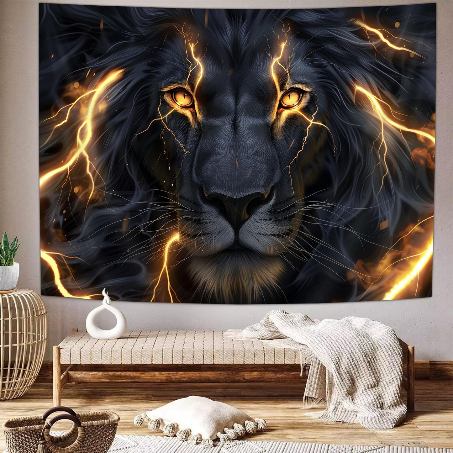 Sokdcam Cool Lion Tapestry Wall Hanging, Black and Gold African Lion Wild Animal Men Hippie Art Decor Tapestries, Wall Tapestries for living Room Bedroom Home Dormitory Decoration 60X40 Inch
