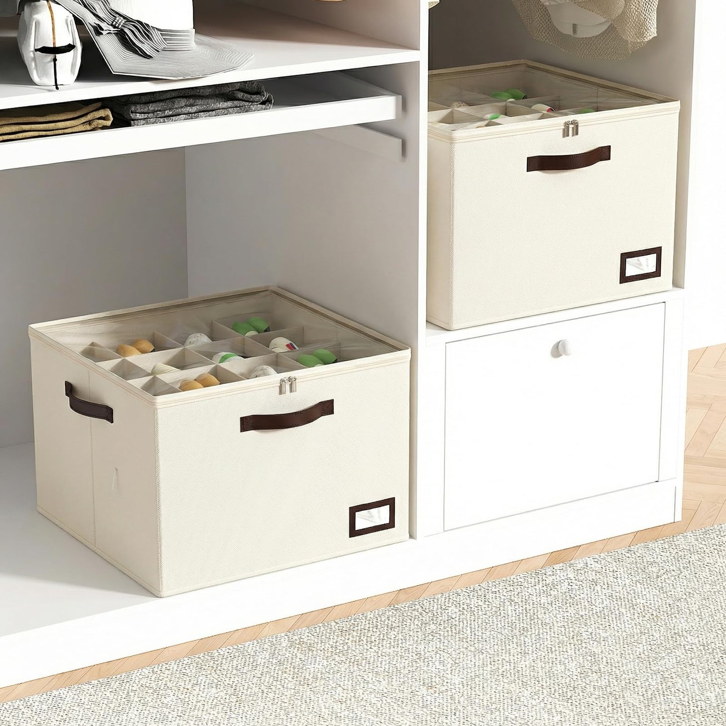 OIAHOMY 2 Pack Shoe Organizer for Closet, Large Foldable Shoe Storage Bins with Dividers and Reinforced Handles, Each Clear Cover Sneaker Box Fits Up to 16 Pairs for Entryway and Bedroom, Beige