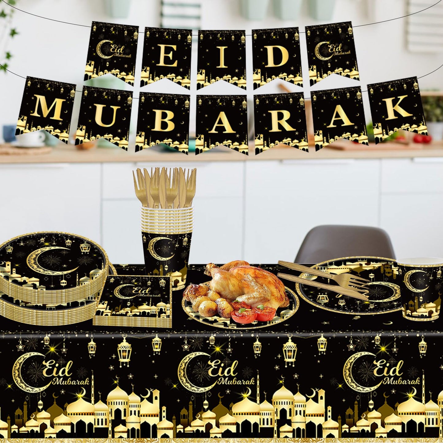 98PCS Eid Mubarak Party Supplies Black and Gold Ramadan Tableware Set Ramadan Mubarak Paper Plates and Napkins Eid Mubarak Party Decorations Eid Al-fitr Party Disposable Dinnerware Set for 16 Guests