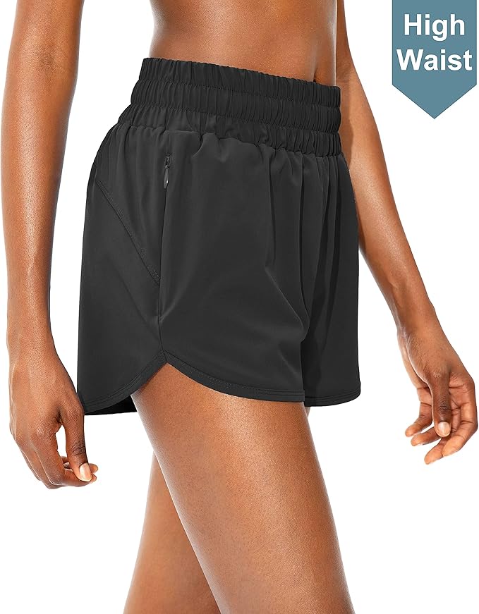 SANTINY Women's Running Shorts with Zip Pockets High Waisted Athletic Workout Gym Shorts for Women with Liner