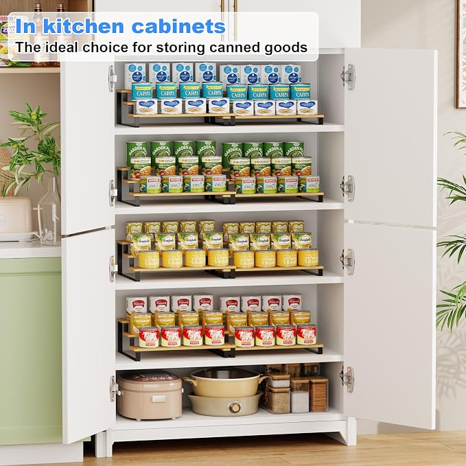Expandable Bamboo & Iron Can Organizer, 3-Tier Adjustable Pantry Can Rack, Kitchen Cabinet Food Storage Shelf, Easy Access Canned Goods Soda Soup Can Holder, Hold Up to 30 Cans, Black