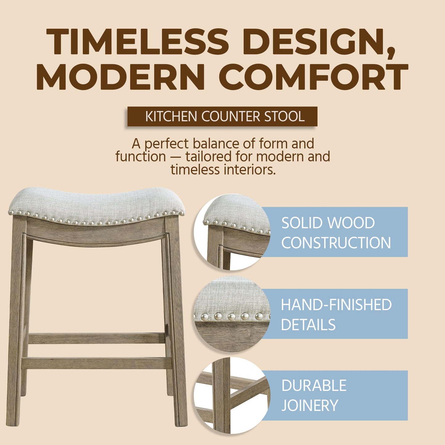 ROME + OAK Parker 26 Inch Counter Stool, Backless Saddle Kitchen Barstool in Reclaimed Oak Finish with Ash Grey Fabric Upholstery Cushion Seat