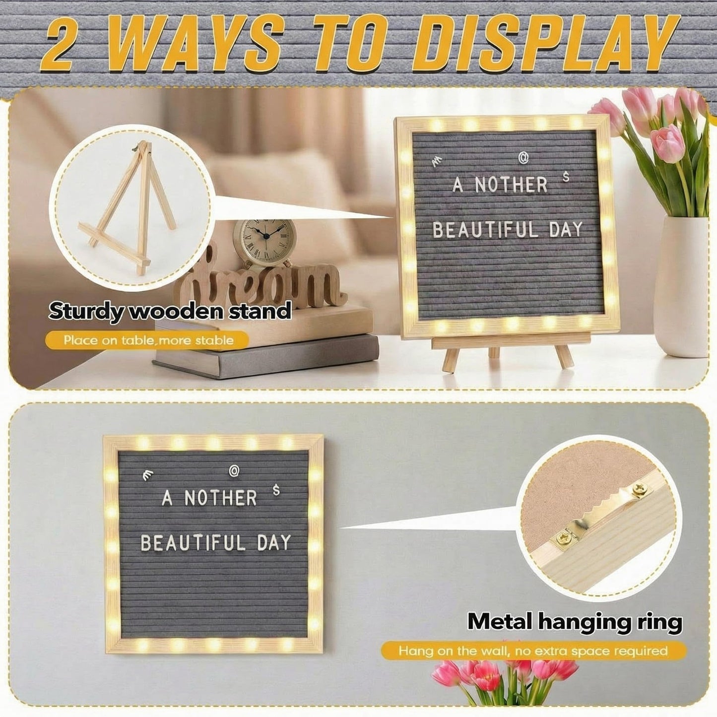 wearage 10x 10 Inch Changeable Felt Letter Board with LED Lights, Message Custom Felt Letter Board with Wooden Stand and 340 Letters for Pregnancy Announcement Classroom Decor Poster (Grey）