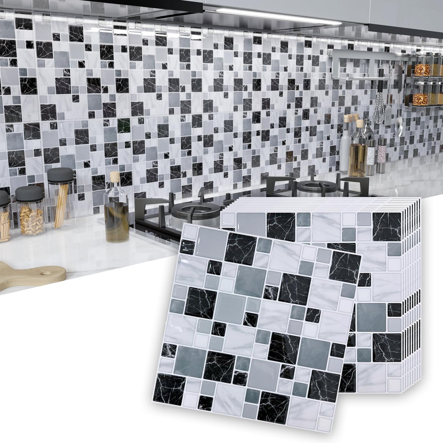 10-Sheet Peel and Stick Backsplash for Kitchen, 10” x 10” Self Adhesive Marble Gray Wall Tile Waterproof Removable Stick on Backsplash for Kitchen Bathroom Fireplace, Grey Marble