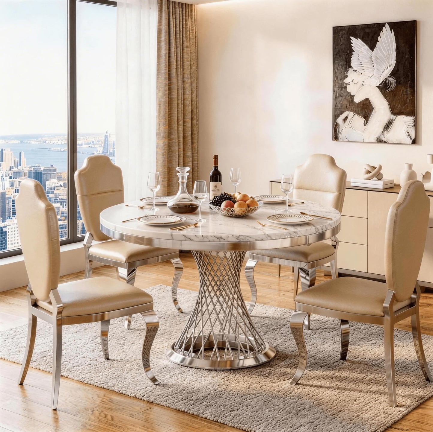 GlyphForm 47" Round Faux Marble Dining Table for 4 to 6, Luxury Modern White Kitchen Table with Silver Stainless Steel Spiral Base Frame,easy to clean Heavy Duty Dining Room Table for Home Office,MDF