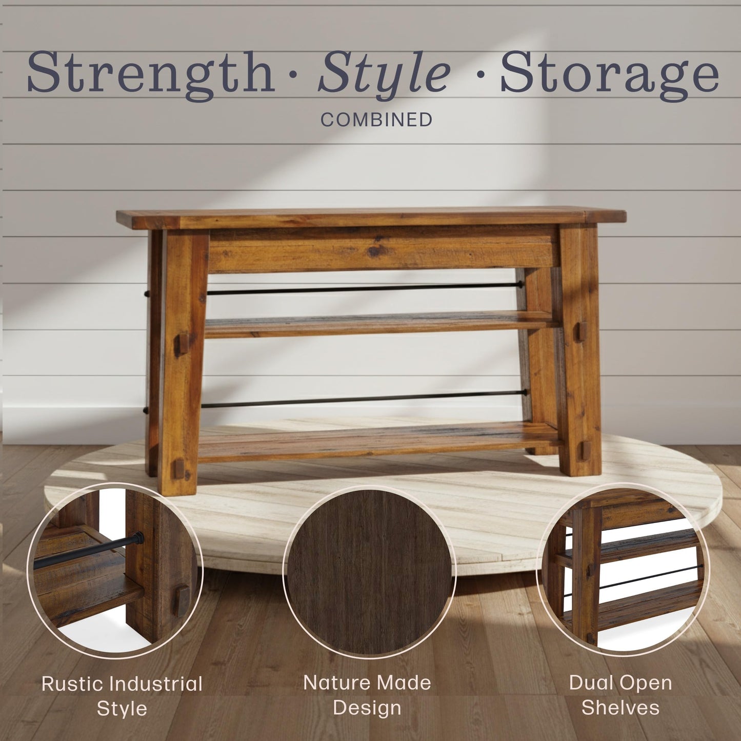 Durango 54-Inch Farmhouse-Industrial Style Wood Console Table with Two Open Shelves, Solid Wood Top, and Natural Grain and Knots – Fits TVs up to 60 Inches in Living Rooms by Alaterre Furniture
