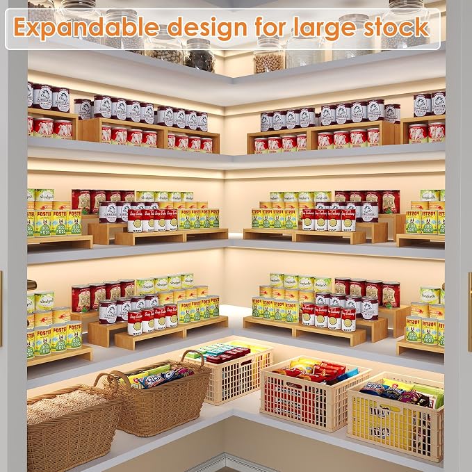 2 Sets Bamboo Can Organizer for Pantry, 3-Tier 6-Piece Adjustable Cabinet Can Display Rack, Soda Can Organizer Holds Up to 31 Cans, Canned Goods Storage Holder for Pantry, Cabinet, Countertop