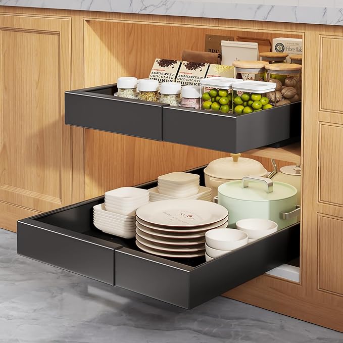 Seinloes 2 Pack Pull Out Cabinet Organizers 21" Deep With Raising Pad for Framed Cabinets, Expandable Width (9"-14") Slide Out Drawers Upgrade 3 Slide Rails, Roll Out Shelves Adhesive, Black