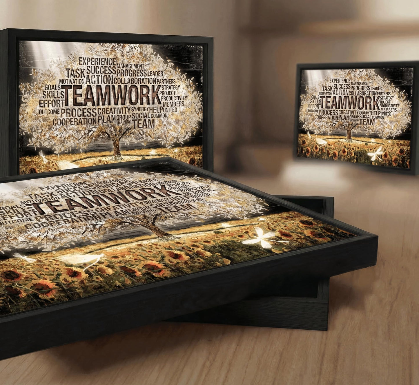 Framed Teamwork Tree Canvas Wall Art Inspirational Office Wall Decor Picture Motivation Positive Quotes And Sunflower Poster Print Painting for Living Room Bedroom Classroom Home Decoration