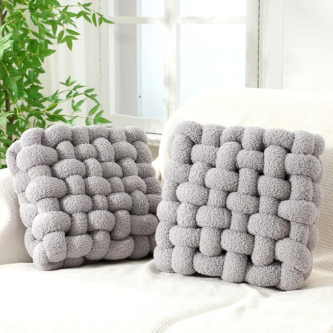 Wenqik 2 Pcs Knot Pillows Square Knotted Plush Throws Soft Accent Pillows Decoration Cushion for Couch Home Office Living Room Bedroom Bed Sofa Decor, 12'' x 13''(Light Gray,Lambswool)