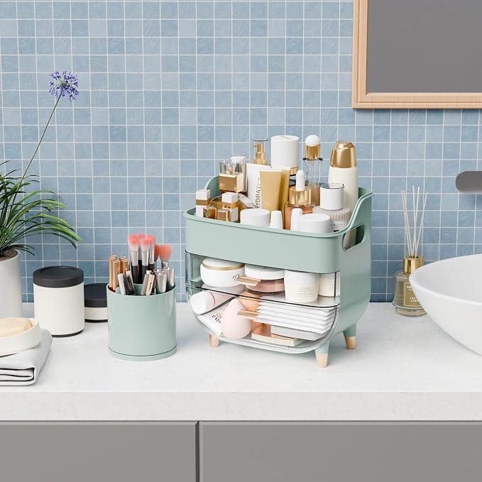 Yieach Green Make up Organizer for Countertop,Vanity,Large Capacity Bathroom Makeup Skincare Organizers With Brush Holder,Makeup Storage Organizer for Lotion,Beauty Products,Skin Care,Makeup Display