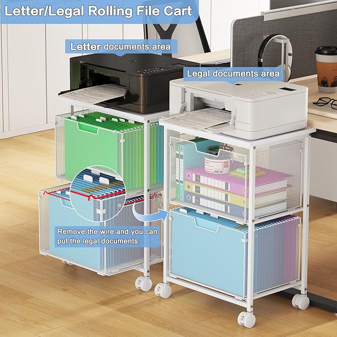 Sbanmao Letter/Legal Rolling File Cabinet, Rolling File Cart with 2 Drawers Filing Cabinet for Home Office, Hanging File Folders Organizer for Under Desk Storage, Mobile Printer Stand, White